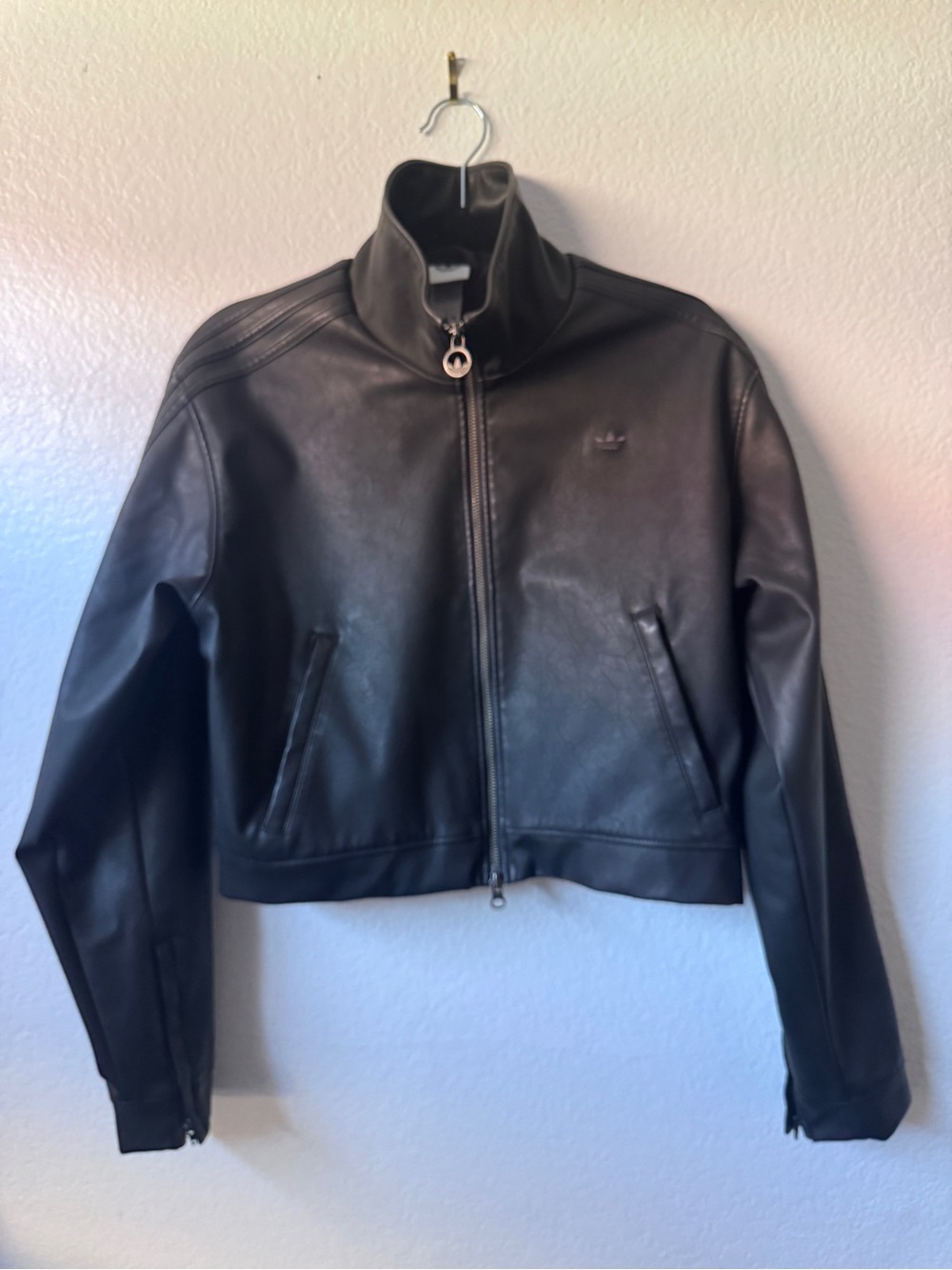 Adidas | Cropped | Black Women's Faux Leather Zip-Front Jacket | M